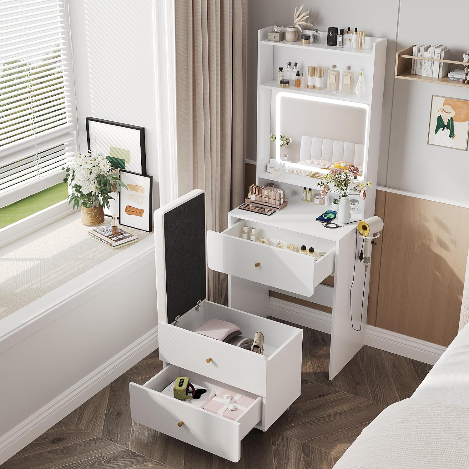 화장대 세트 (거울&조명 포함) 소형 화장대 수납 의자 - Desk Setup Bedroom 리뷰 및 가격
